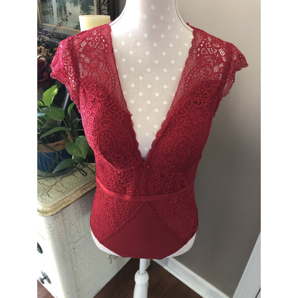Lace Teddy Bodysuit Lingerie Babydoll Red Open Back Women's Large - Picture 2 of 10